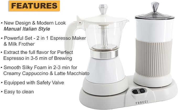 Electric Moka Pot with Milk Frother – 3-Cup (150 ml) Modern Espresso Maker for Coffee, Cappuccino, Latte, Mocha & Cuban, White