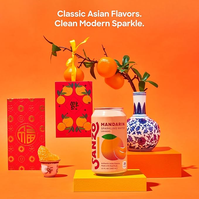 Sanzo Flavored Sparkling Water - Mandarin Orange Seltzer - Low Calorie Low Sugar - Craft Asian Drinks - Vegan Gluten Free Carbonated Flavored Water - Fizzy Healthy Drinks - 12oz, 12 Pack