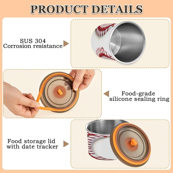 YETTASBIN Baseball Seam Airtight Food Storage Containers 900ml/30oz, Stainless Steel Coffee Canisters with Vacuum-Lock Lid for Kitchen Organization, Coffee Bean, Tea, Sugar, Flour