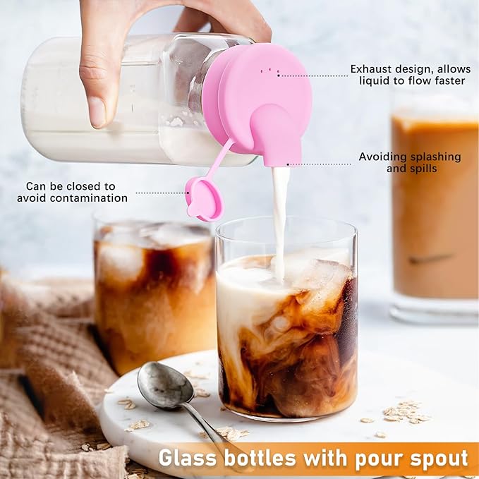 4 Pack 16 Oz Square Glass Milk Bottle with A Silicone Dispenser Cap, Glass Juice Bottles with Airtight Screw Lid, Reusable Drinking Bottles with Capacity Marks, Breastmilk Storage Container