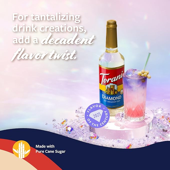 Torani Diamond Anniversary Syrup for Drinks, Bright & Crisp Bubbly Flavoring with Vanilla Notes, Glass Bottle with Pump Included, 25.4 Fl Oz