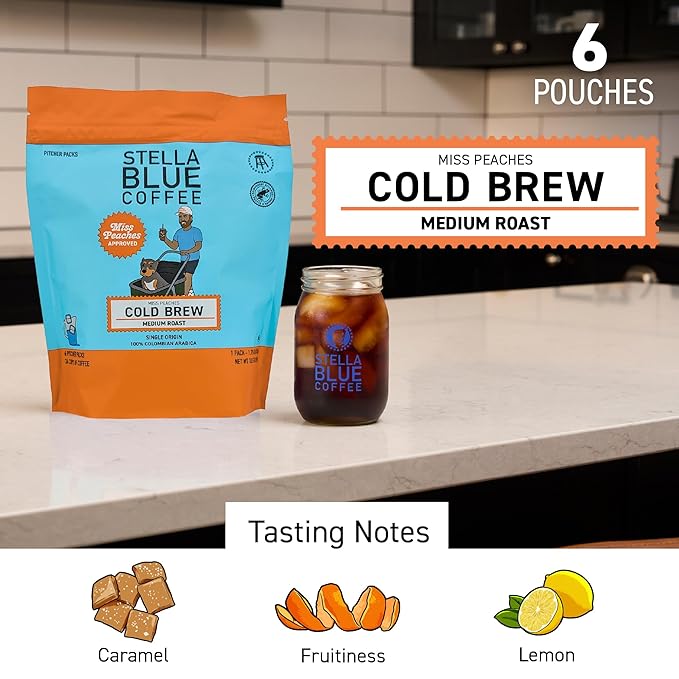 Stella Blue Cold Brew Coffee Bags, Miss Peaches Blend, Medium Roast Ground Coffee, Smooth, Bold and Refreshing 100% Arabica, 6 Brew Packets, Makes 24 Cups, Rainforest Alliance Certified