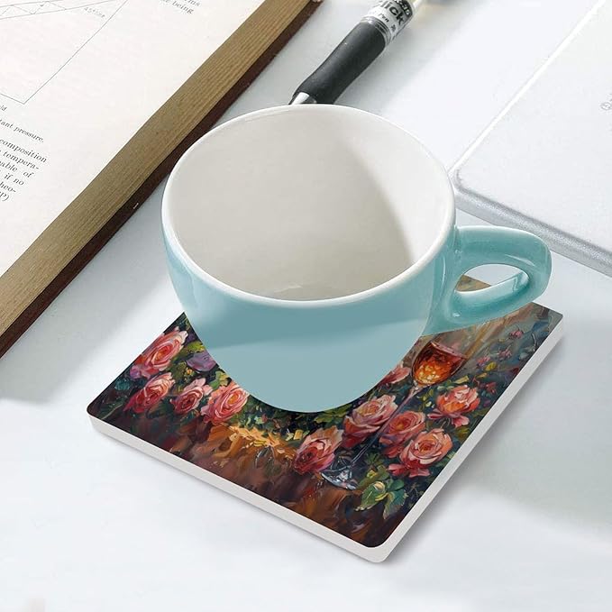 6PCS Red Wine Drink Coasters, Square Modern Ceramic Absorbent Coasters, Oil Painting Style Red Wine Grapes Floral Rose Flower Decor Desk Coffee Table Coaster for Beverage Cup Tea Coasters