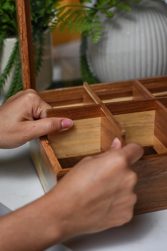 Acacia Wood and Bamboo Tea Bag Organizer - 4 & 8 Compartment Tea Box for Countertop - Tea Station & Coffee Bar Accessories - Fits Large & Craft Tea Bags (Bamboo, 8 Compartment)