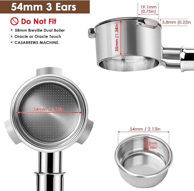 54mm Bottomless Portafilter for BES870/878/880, Barista Express/Pro/Touch | Solid 304 Stainless Steel & Ergonomic Ebony Handle | Includes 18g Basket