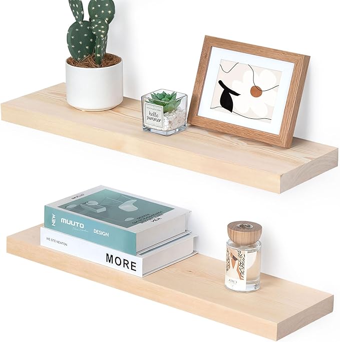 Marsmiles Natural Wood Floating Shelves | 24 Inch Unfinished Wood Wall Shelves Set of 2 | 24" W x 6.7" D Rustic Wooden Shelves for Bathroom Kitchen Living Room Bedroom