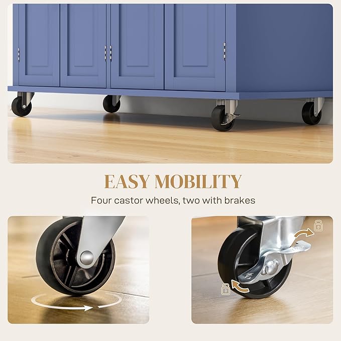 HOMCOM Kitchen Island Cart with Rubber Wood Top, Rolling Kitchen Island Table on Wheels with Drawers, Adjustable Shelves, Spice Rack and Towel Rack for Dining Room, Navy Blue