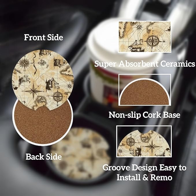 Car Cup Holder Coasters, 2 Pcs Ceramic Coasters with Finger Slot and Cork Back, Anti-Slip Shock Absorbing Women and Men Universal Car Accessories - Sailing