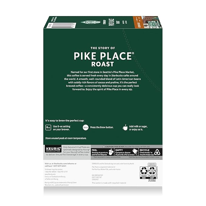 Starbucks K-Cup Coffee Pods, Medium Roast Hot or Iced Coffee, Pike Place Roast, 22 Keurig Pods