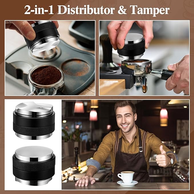 Zhehao 3 Pcs 53mm Espresso Accessories Kit, 2 in 1 Espresso Tamper and Distributor Leveler, Magnetic WDT Tool, and Dosing Funnel Set for Home Office Coffee Machines and Portafilters