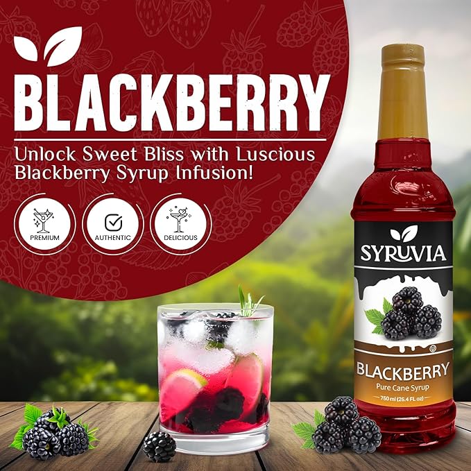 Syruvia Blackberry Syrup, Flavored Syrup for Drinks, Cocktails, Lemonades, Iced Teas, and Desserts – 25.4 fl oz, With Pump