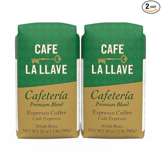 Cafe La Llave Whole Bean Espresso Coffee, Premium Dark Roast, 32 oz Bags (Pack of 2) - Rich Cuban-Style Blend