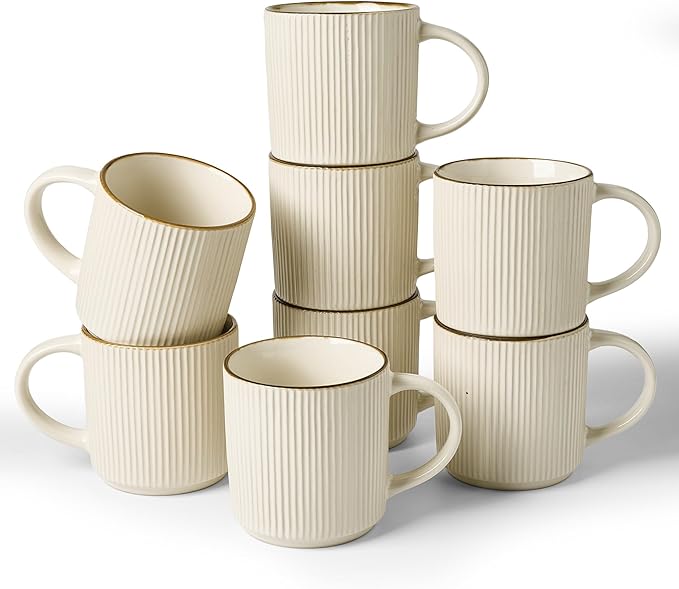 famiware Coffee Mug Set for 8, Star 12 oz Catering Mugs Cup Set with Handle for Coffee, Tea, Cocoa, Milk - Ceramic Stoneware Drinkware Set, White