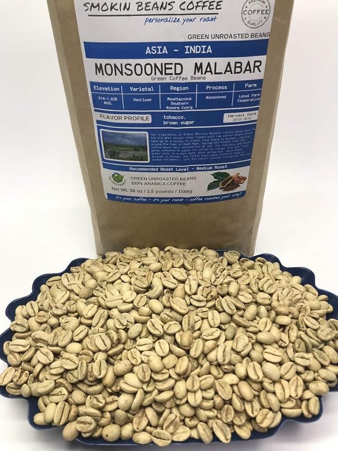 3.5-Pound India Monsooned Malabar Unroasted Green Arabica Coffee Beans Fresh Current Crop Specialty Grade Roast the Beans Yourself at Home on Your Roasting Equipment Prior to Using for Brewing Coffee