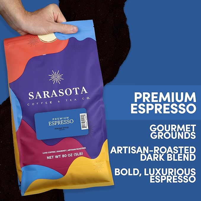 Sarasota Coffee Ground Espresso | Dark Roast Gourmet Coffee Grounds | Low Acid, Mold Free, Specialty Grade, Bulk Ground Espresso Coffee | 5lb (80 oz)