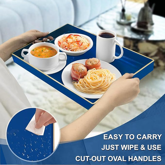 MAONAME Navy Blue Serving Tray with Handles, Modern Decorative Trays for Coffee Table, Plastic Rectangular Trays for Ottoman, Bathroom, Decor, 15.8” x 10.2” x 1.4"