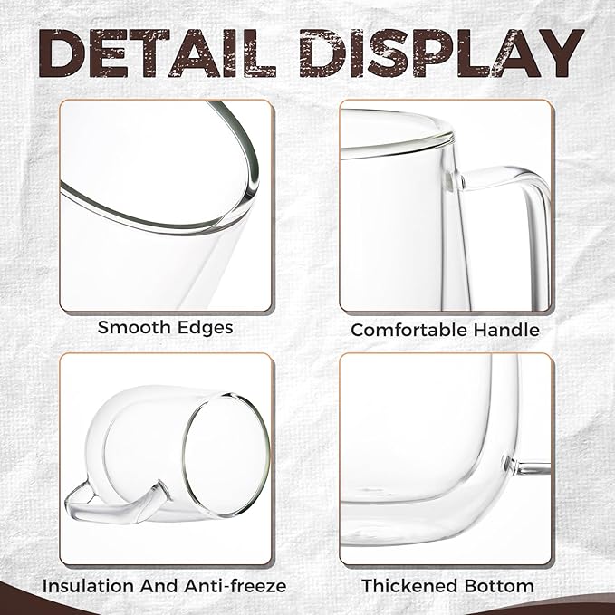 Glass Espresso Cups - Double Wall Insulated Coffee Mugs, Glass Coffee Mugs set of 2, Clear Tea Cups 8 oz, Perfect for Americano, Latte, Cappuccino, Espresso, Beverage and Tea