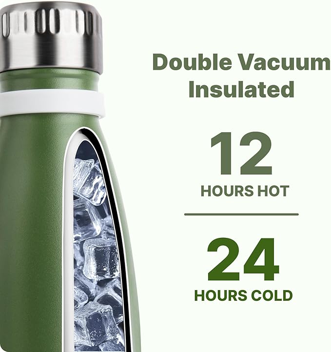 VINUR Kids Water Bottle-12 oz Stainless Steel Double Wall Vacuum Insulated Water Bottle for School-Cola Shape Flask with Carry Rope(Grass Green)
