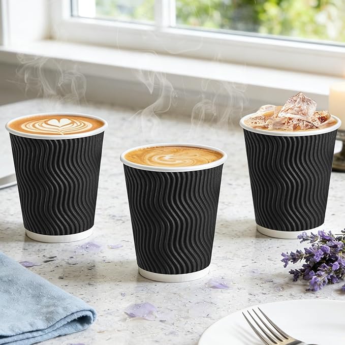 BYSNOW 100 Pack 8 oz Coffee Cups with Lids, Disposable Insulated Hot Cups To Go Paper Coffee Cups, Corrugated Ripple Wall Cup for Hot Drink, Office, Coffee Bar (Black 8 oz)