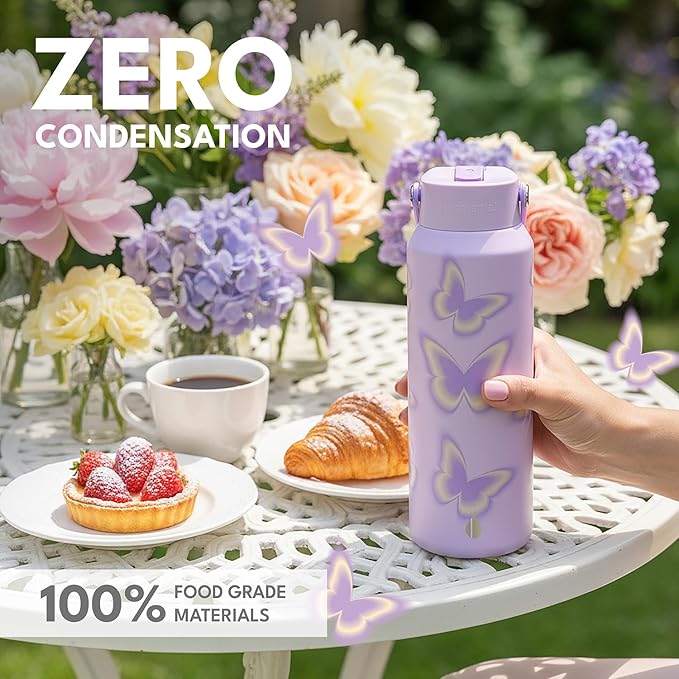 Elemental 40oz Insulated Water Bottle with Straw - 100% Leak-Proof Stainless Steel Core Water Bottles for Travel, Sports and Gym - Double Wall Insulation & BPA Free - Butterfly Kiss