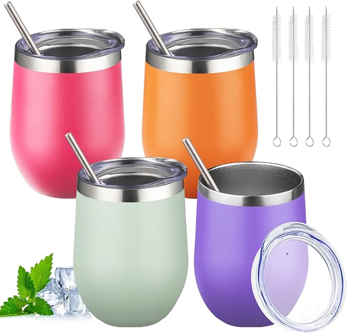 12oz Stemless Wine Tumbler with Lid Double Wall Insulated Wine Cup Stainless Steel Glasses Tumbler with Straw Insulated cocktail Tumbler Coffee Mug for Hot and Cold Beverages (Multicolor-6,4Pack)