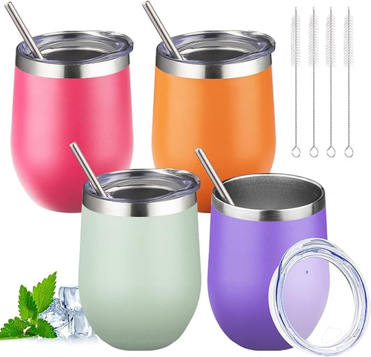 12oz Stemless Wine Tumbler with Lid Double Wall Insulated Wine Cup Stainless Steel Glasses Tumbler with Straw Insulated cocktail Tumbler Coffee Mug for Hot and Cold Beverages (Multicolor-6,4Pack)