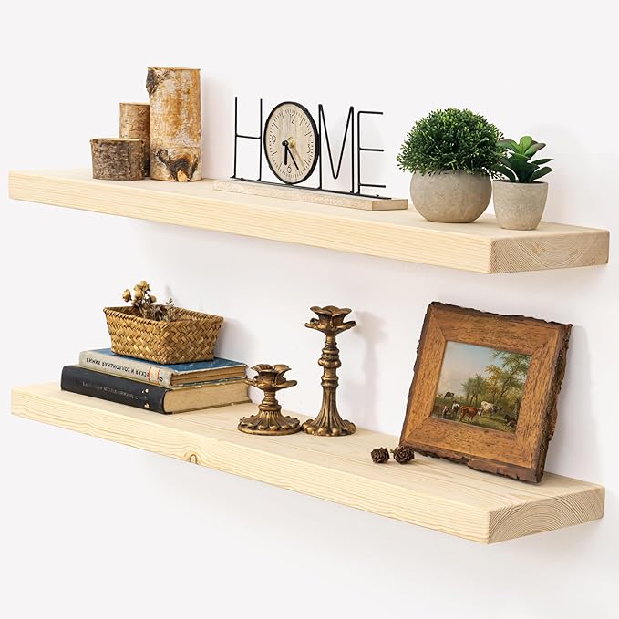 Marsmiles Floating Shelves for Wall - 36 Inch Natural Unfinished Wood Floating Shelves Set of 2-36 Inch Wide x 7.7 Inch Deep x 1.6 Inch Thick Natural Wooden Shelves for Room Wall