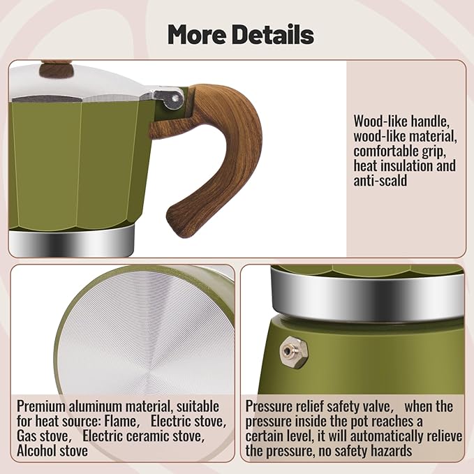 Vaolvpant 6 Cup Aluminum Moka Pot Classic Stovetop Espresso Coffee Maker 300ml 10oz Coffeemaker Percolator Mocha Pot Greca Coffee Maker Cafe Makers for Italian and Cuban Café Brewing Green