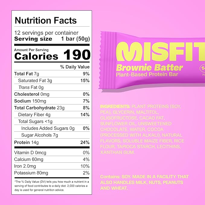 Misfits Vegan Protein Bars - Fudgey Brownie Batter| Nutrition Bars - 14g Protein, 1g Sugar, Plant-based, Low Carb, Non-GMO, Gluten Free Snacks | Pack of 12