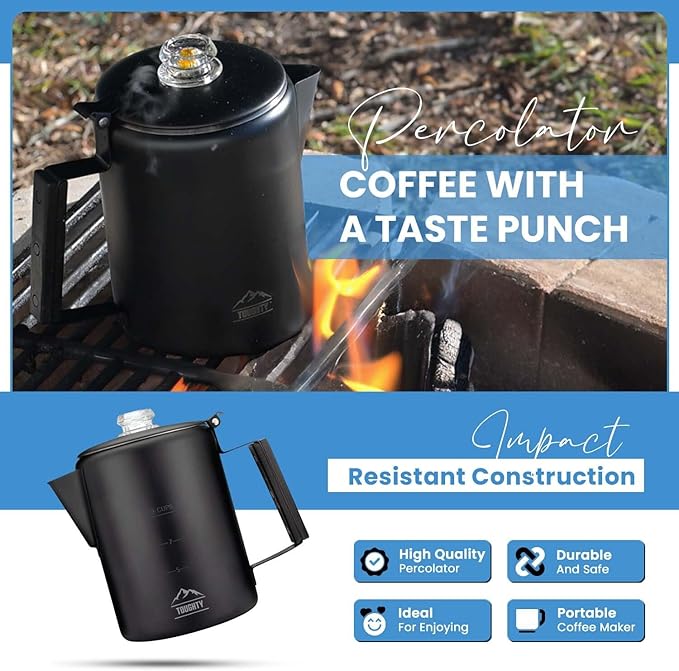 Toughty Yosemite Percolator Coffee Pot – Classic Stovetop Coffee Maker for Camping, Hiking & Home, Durable Stainless Steel Pot, Compatible with All Stovetops – Old-Fashioned 12-Cup Percolator, Black