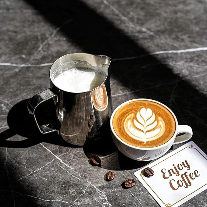 Milk Frothing Pitcher, 20oz Steaming Pitcher with Clear Scale, 304 Stainless Steel Milk Frother Cup Cappuccino Espresso Machine Accessories for Latte Art, Barista, Home Use, Easy Clean Barista Tool