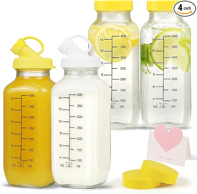 16 oz Glass Milk Bottles with Pour Dispenser, Reusable Juice Bottles with Airtight Lid for Fridge, Glass Pitchers with Scale, Gift for a New Mother [4 Pack]