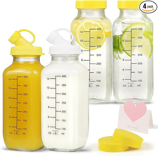 16 oz Glass Milk Bottles with Pour Dispenser, Reusable Juice Bottles with Airtight Lid for Fridge, Glass Pitchers with Scale, Gift for a New Mother [4 Pack]