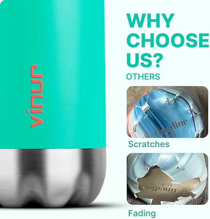 VINUR Kids Water Bottle-12 oz Stainless Steel Double Wall Vacuum Insulated Water Bottle for School-Cola Shape Flask with Carry Rope(Teal)