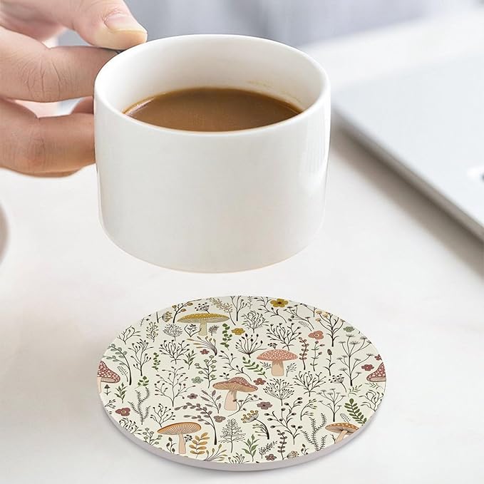 Round-4PCS Botanical Ceramic Coasters, Round Absorbent Drink Coasters, Colorful Mushroom Floral Green Leaves Boho Plants Botanical Ceramic Table Coasters for Coffee, Beverage, Wine, Beer Coasters