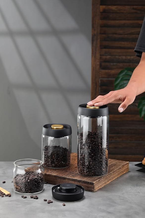 LOEZ Coffee Bean Storage Container Airtight, Lid Sealed with Press-Down Vacuum, Borosilicate Glass Coffee Canister for Ground Coffee, Tea, Beans, Spices (2 x Small - Gray)