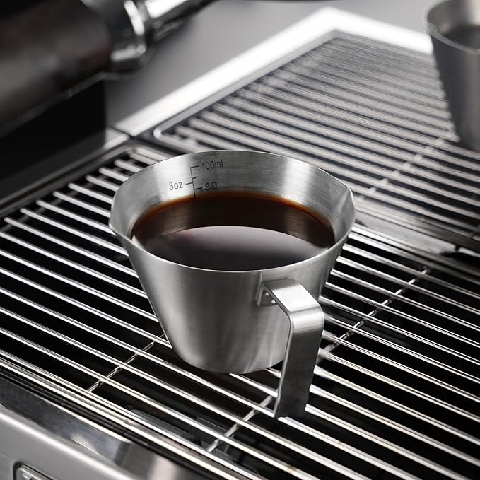 YARRAMATE 2 Pcs Espresso Cups with Handle, Stainless Steel Espresso Accessories, Double Spout Metal Measuring Cup with Dual Scale, Espresso Shot cup with V-Shaped Mouth, 3.4OZ/100ML(Silver)