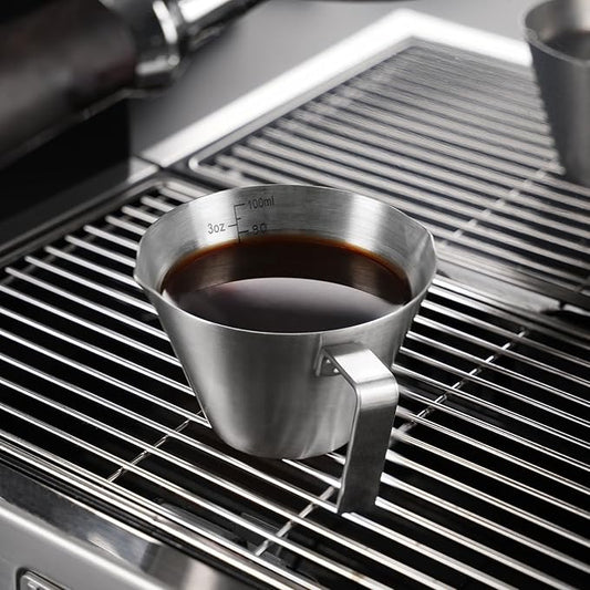 YARRAMATE Espresso Cup with Handle, Stainless Steel Espresso Accessories, Double Spout Metal Measuring Cup with Dual Scale, Espresso Shot pitcher with V-Shaped Mouth, 3.4OZ/100ML