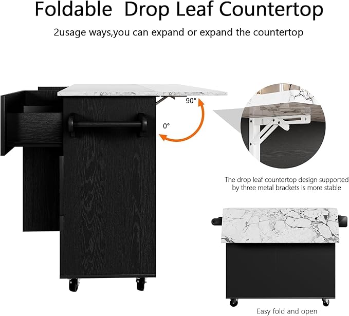 4 EVER WINNER Kitchen Island on Wheels, Island Table for Kitchen with Towel Rack & Spice Rack, Marble Tabletop, Kitchen Island with Drop Leaf, Black
