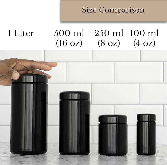 Black Ultraviolet Glass Jar with Lid | 1 Liter 33.8 oz Airtight Smell Proof Container | Wide Neck Herb Storage, Ideal for Coffee, Tea, Spices, Dried Goods, Tall Glass Jar for Kitchen