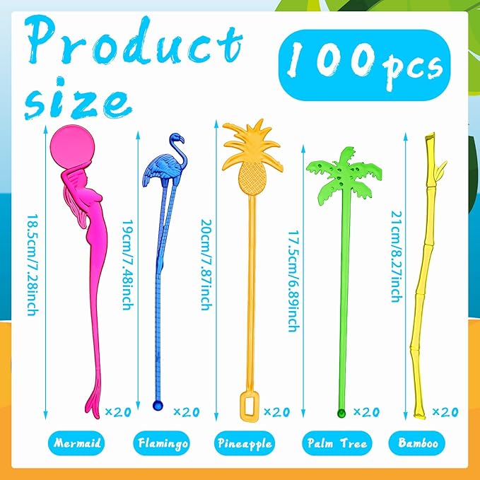 100 Assorted Tropical Swizzle Sticks Bar Cocktail Stirrers Luau Palm Tree Flamingo Fun Reusable Novelty Beverage Cocktail Margarita Tiki Drink Stirring Sticks for Birthday Wedding Party