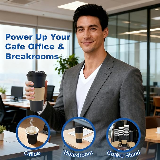 Coolcap 12 oz 500 Pack Coffee Cups with Lids and Sleeves, Straws, Hot Disposable To Go Travel Paper Cups Bulk for Office, Home Coffee Bar Accessories, Chocolate, Cocoa, Beverage (Black)