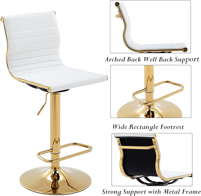 White Barstools Bar Height Set of 3 Adjustable Faux Leather Counter Height Bar Stool Chair with Back for Kitchen Island Breakfast Bar (White with Gold Base, 3 Pack)