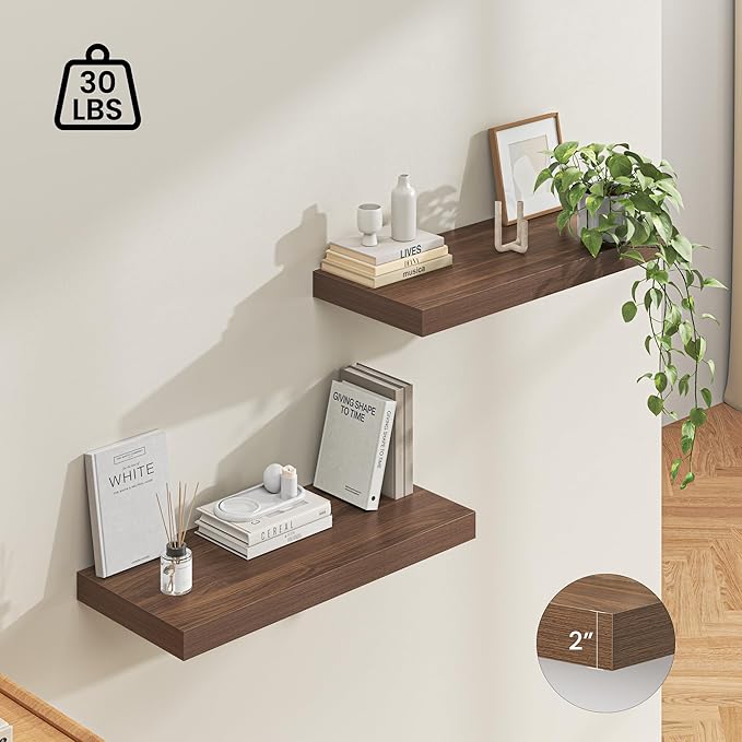 Dreamland 32" Floating Shelves for Wall, 12" Deep Thicker Walnut Floating Shelves, Wall-Mounted Shelves for Bedroom, Living Room, Kitchen, Bathroom - Set of 2