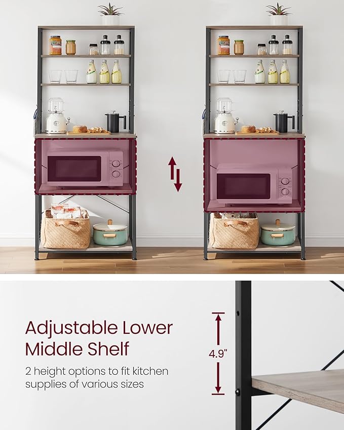 VASAGLE Coffee Bar, 23.6 Inches Baker's Rack for Kitchen with Storage, 6-Tier Kitchen Shelves with 6 Hooks, Microwave Stand, Industrial, Heather Greige and Ink Black UKKS024B02