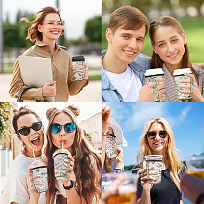 Reusable Iced Coffee Cup Sleeve Spring Flowers Butterfly Neoprene Insulated Sleeves Cup Holder with handle Idea for 16oz - 18oz