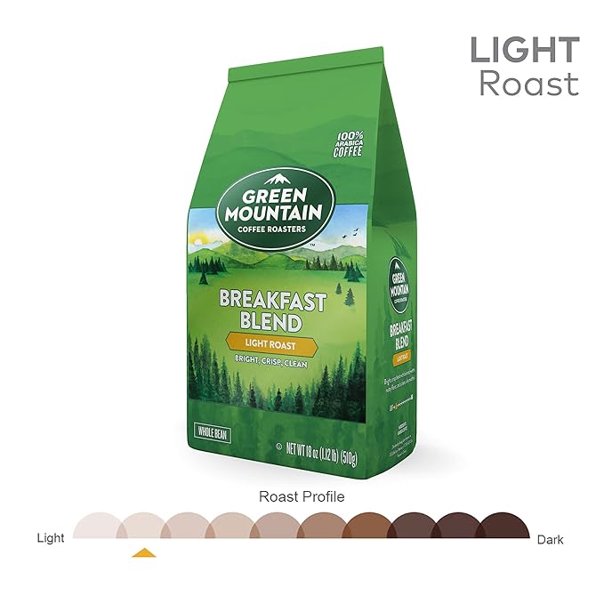 Green Mountain Coffee Roasters Breakfast Blend, Whole Bean Coffee, Bagged 18 oz (Pack of 2)
