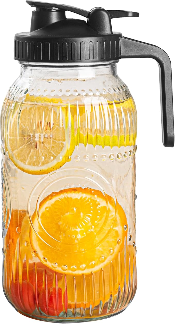 Amzcku Vintage Half Gallon Mason Jar Pitcher Large 64 oz Wide Mouth with Lid - 2 Quart Airtight Glass Jug for Water, Juice, Milk, Tea, Iced Coffee and Drinks