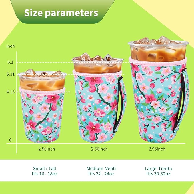 3 Pack Iced Coffee sleeve Insulated Neoprene Cup Sleeves with handle For Cold Drinks Beverages, Reusable Cup Holder for 16oz-32oz Coffee Cups (Cherry Blossom)