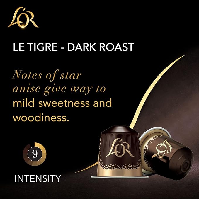 L'OR Coffee Pods, 50 Count Le Tigre Dark Roast Blend, Single-Serve Aluminum Coffee Capsules Compatible with the L'OR BARISTA System & *Nespresso Original Machines, 50 Count (Pack of 5)